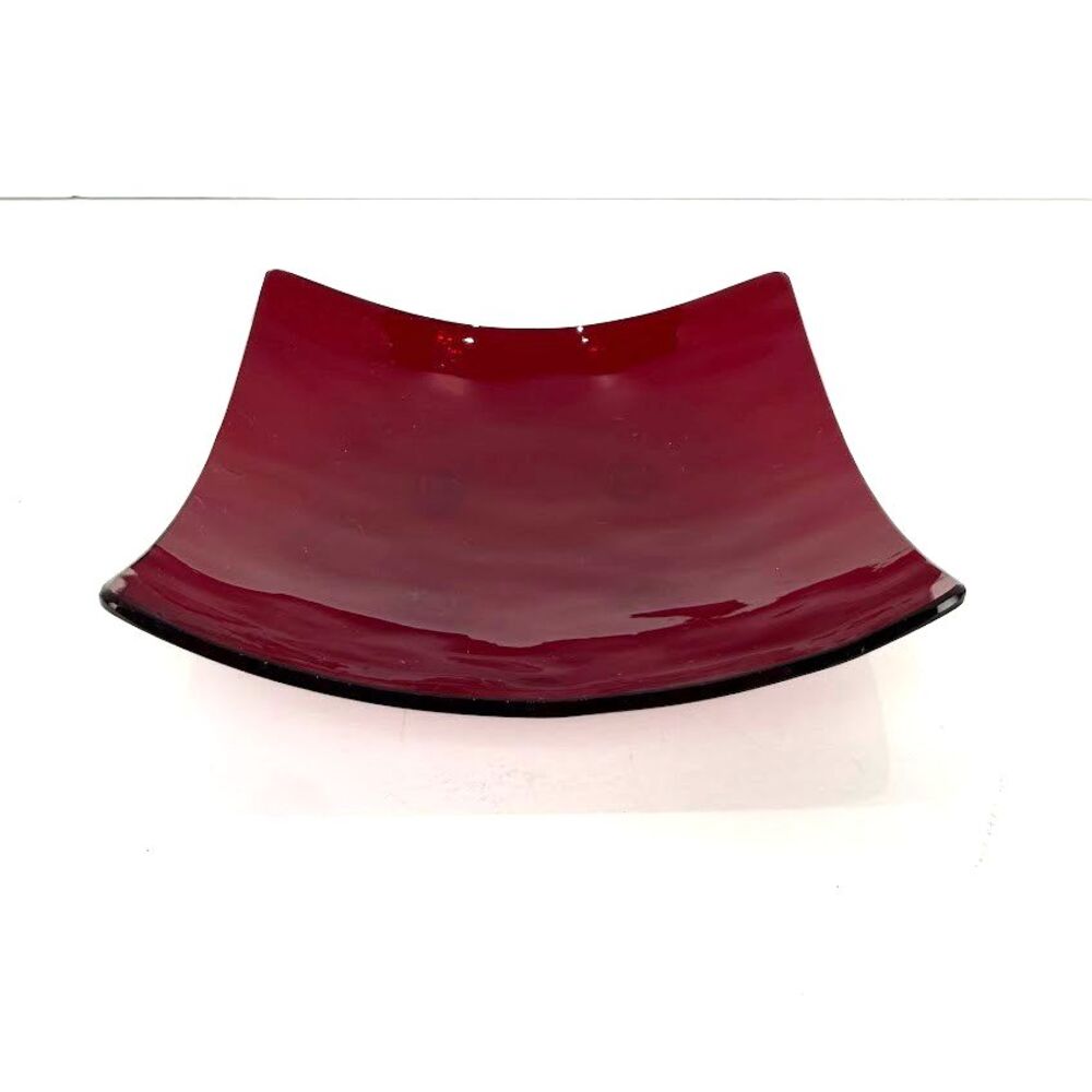 Red Square Glass Dish w/ Upward Curved Edges, Rubber Feet, Contemporary